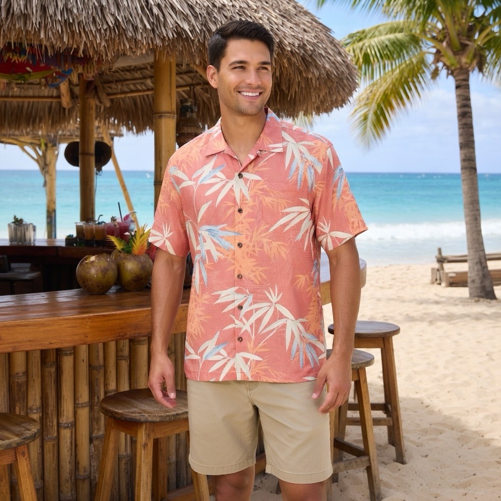 Tommy Bahama 100% Coral Bamboo-Print Camp Shirt